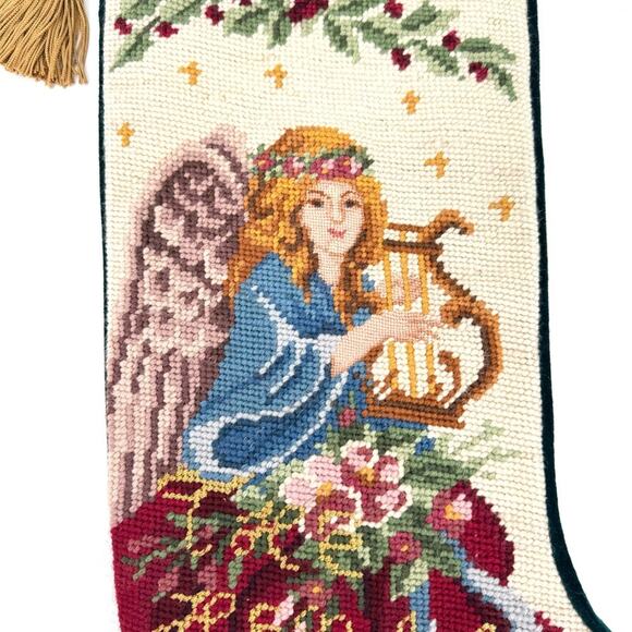 Vintage Hark the Herald Angels Sing Christmas Needlepoint Stocking Velvet Back - Picture 2 of 6